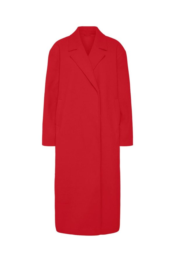 Pieces - Pcsavannah Ls Long Coat - 4703837 High Risk Red For Cheap